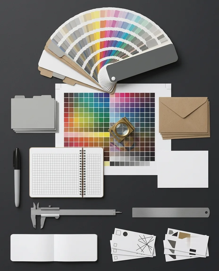 Charte de couleurs, compte-fils et échantillons papier sur un bureau de gestion de projets d'impression