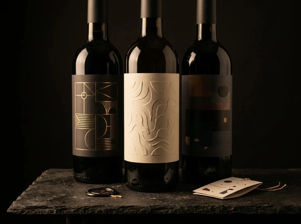 Bouteilles de vin habillées d'étiquettes soignées : dorure, gaufrage et papier texturé